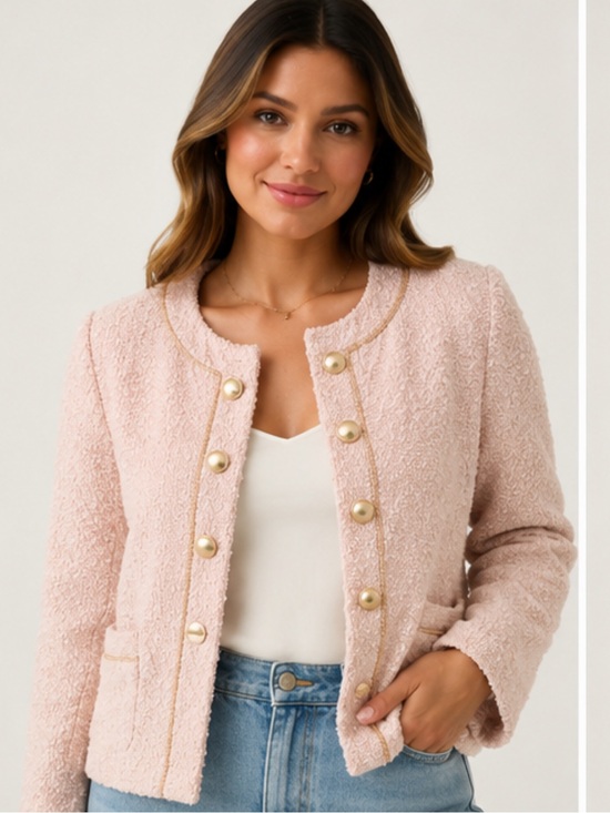 Express Jackets & Blazers - Express Pink Bouclé Collarless Gold Button Chain Trim Jacket XL NWT